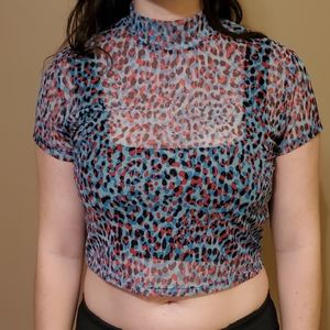 Red and blue cheetah mesh crop top